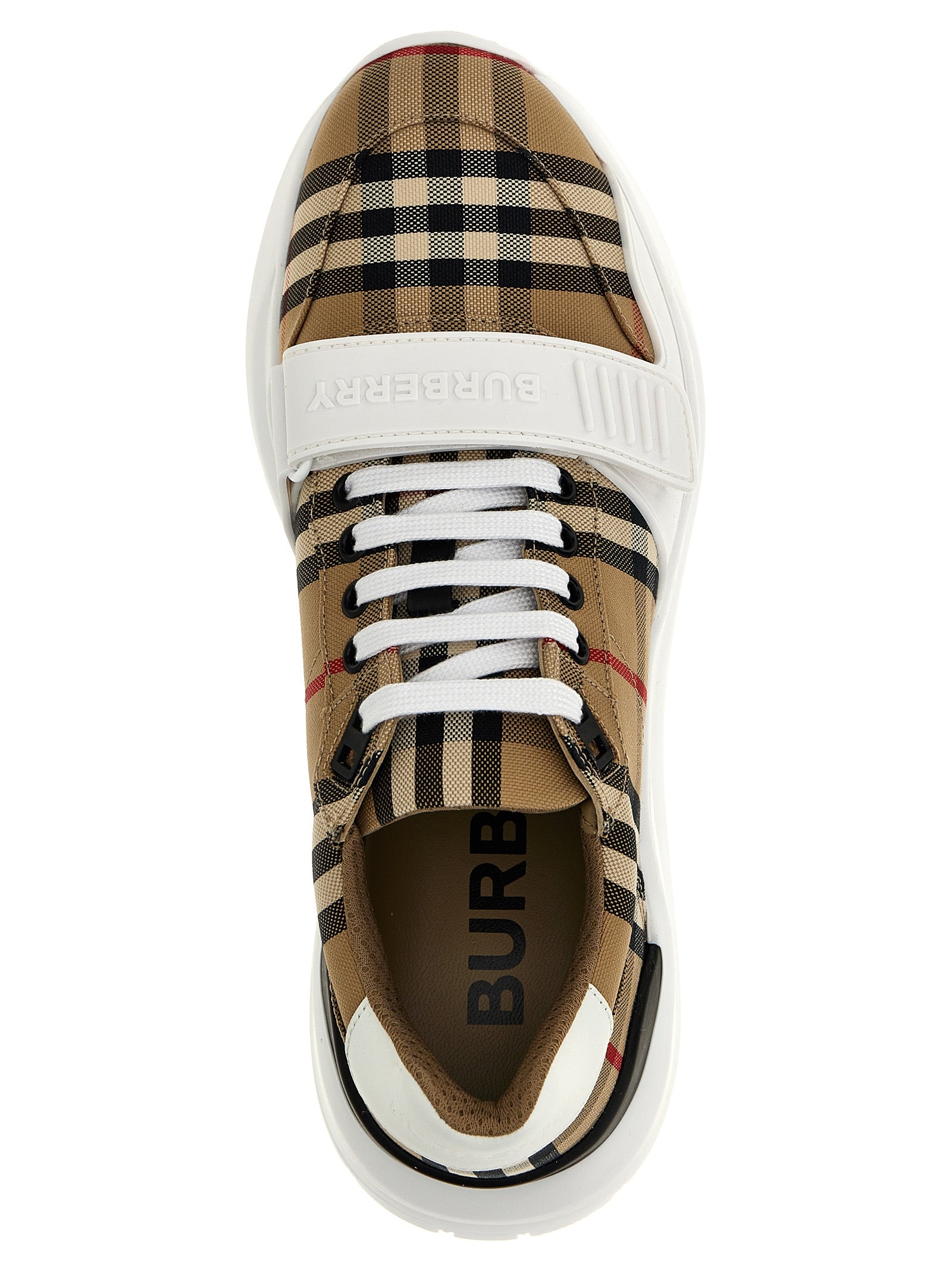 Beige Cotton Check Print Sneakers