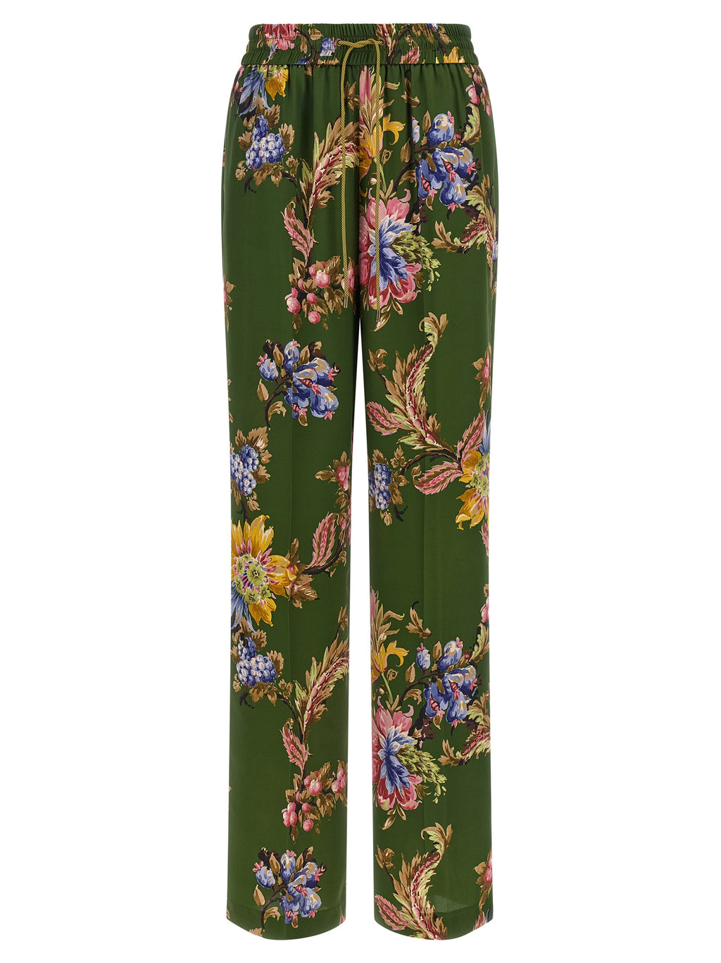 Olive Floral Silk-Feel Trousers