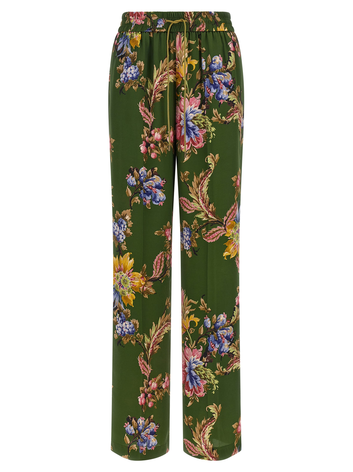 Olive Floral Silk-Feel Trousers