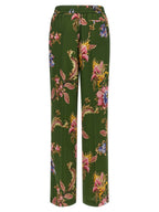 Olive Floral Silk-Feel Trousers