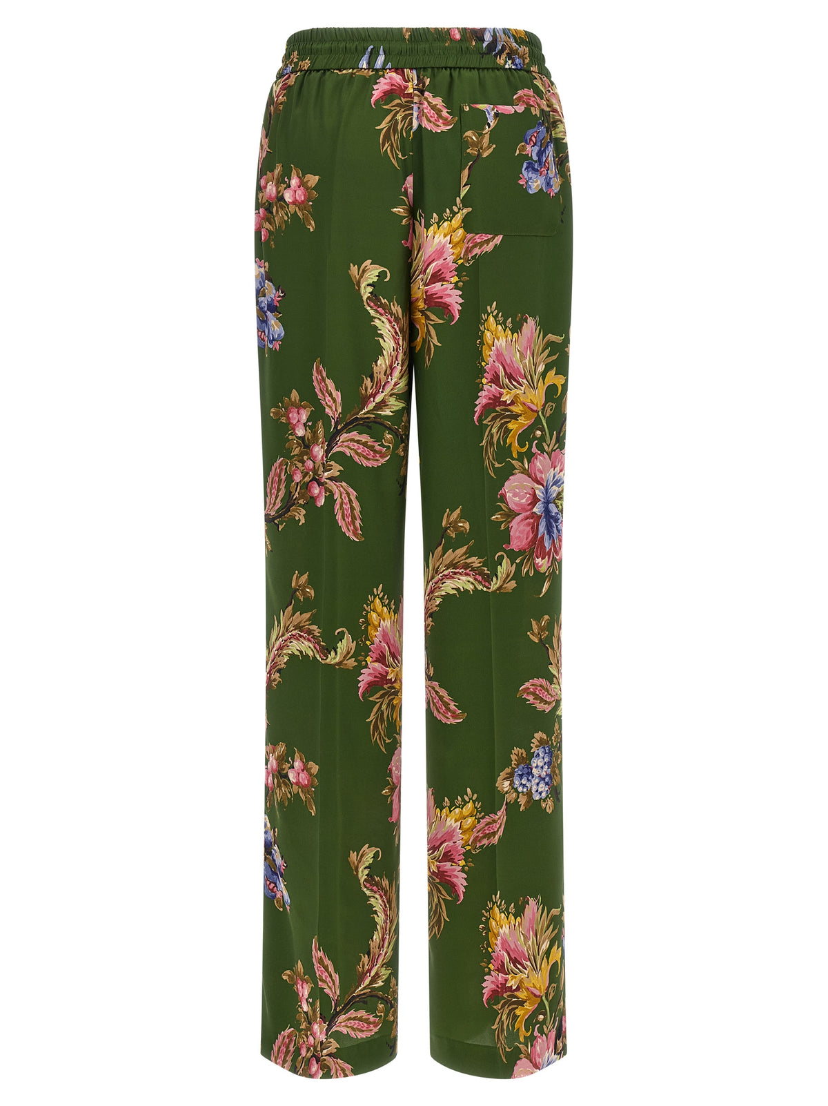Olive Floral Silk-Feel Trousers
