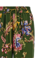 Olive Floral Silk-Feel Trousers