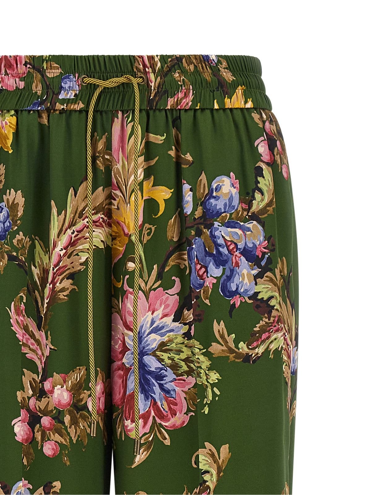 Olive Floral Silk-Feel Trousers
