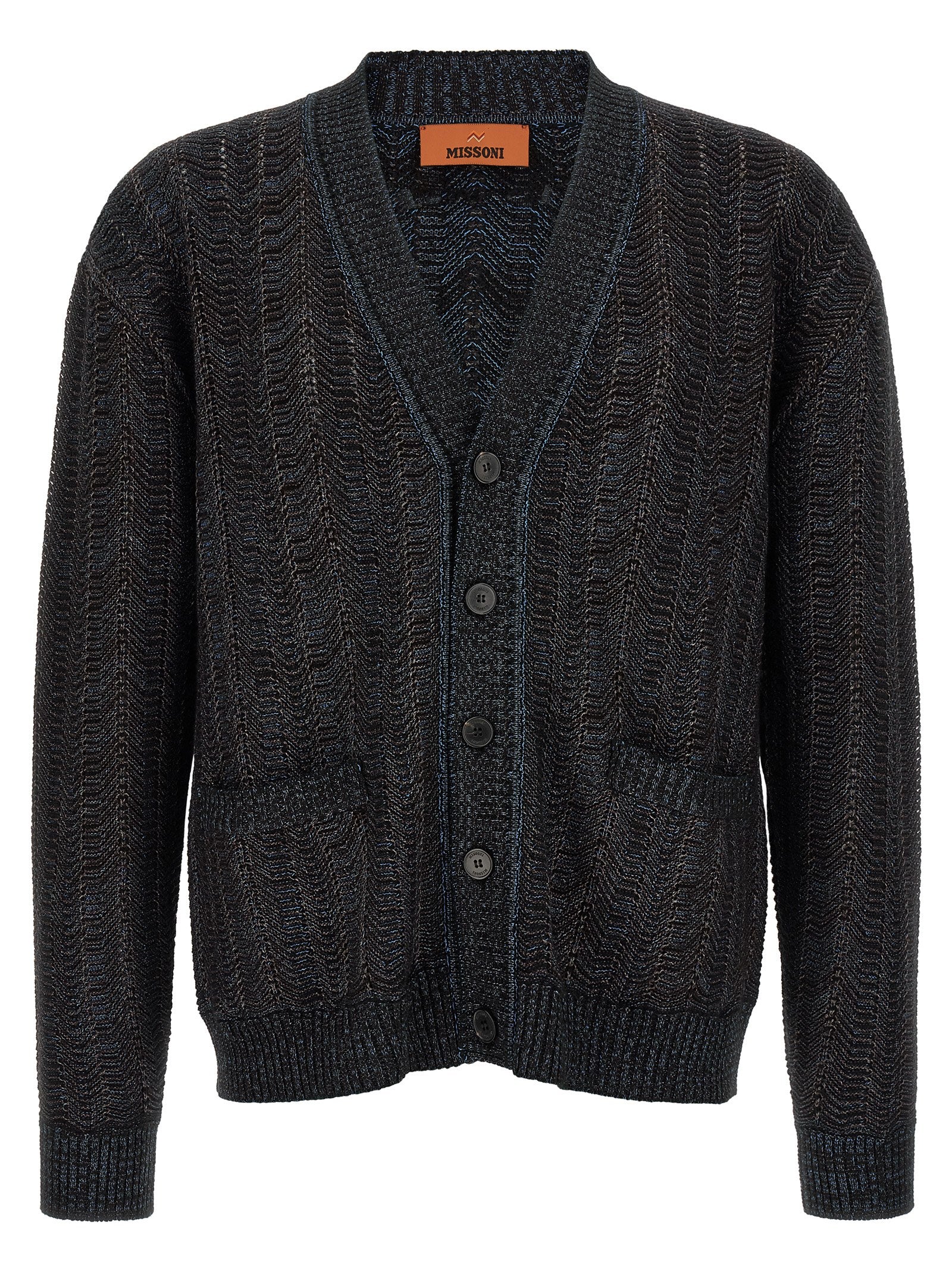 Blue Viscose Wool Cardigan With Greek Motif