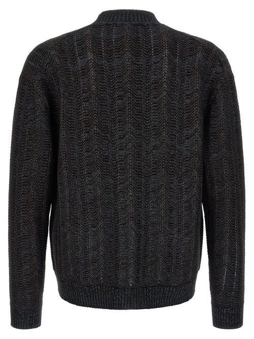 Blue Viscose Wool Cardigan With Greek Motif