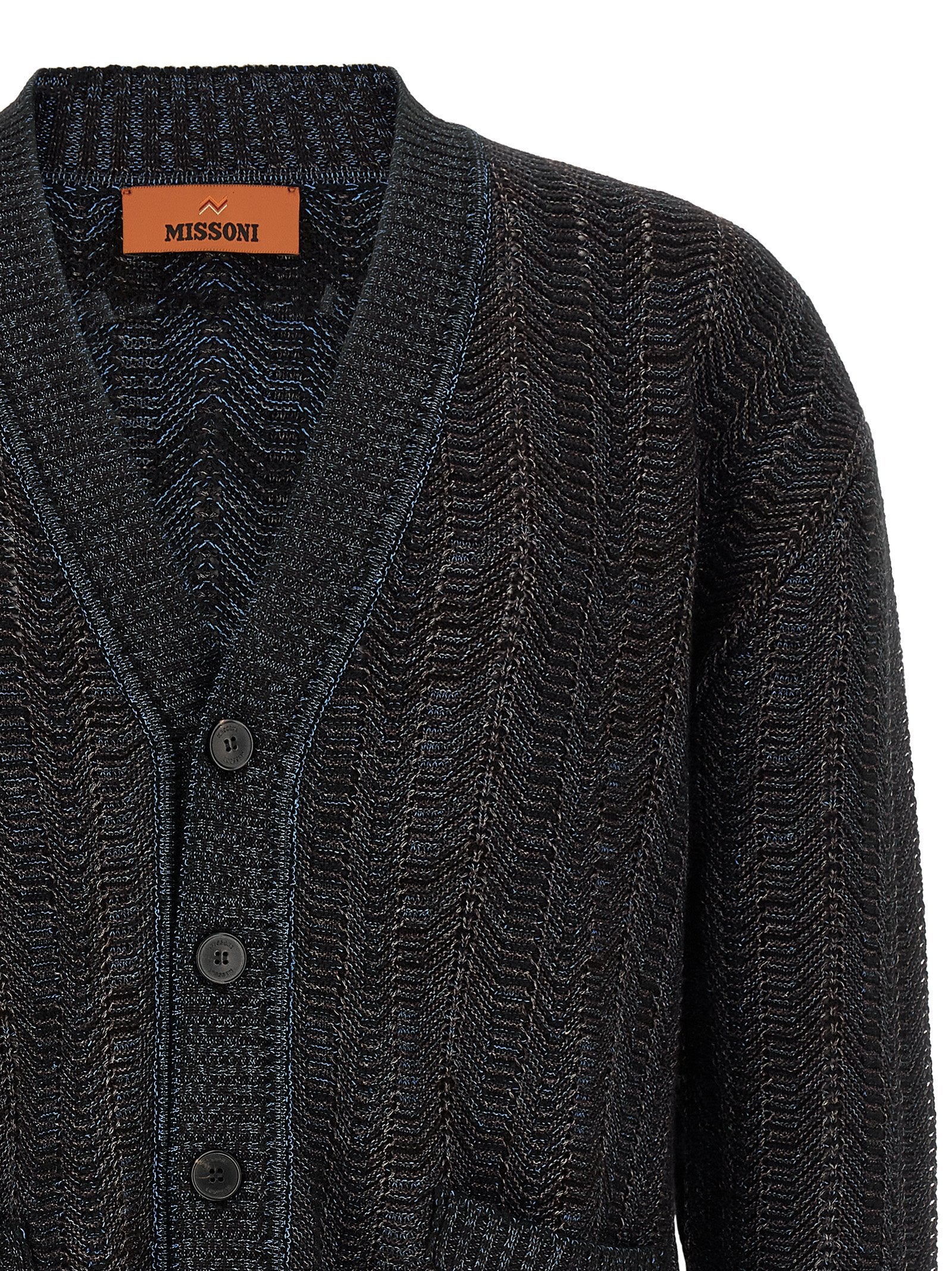 Blue Viscose Wool Cardigan With Greek Motif