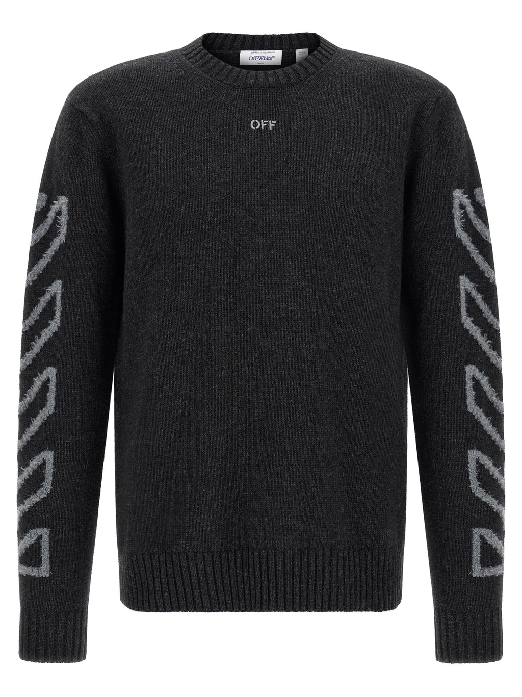 Diagonal Arrow Fuzzy Wool Crew Neck Cardigan