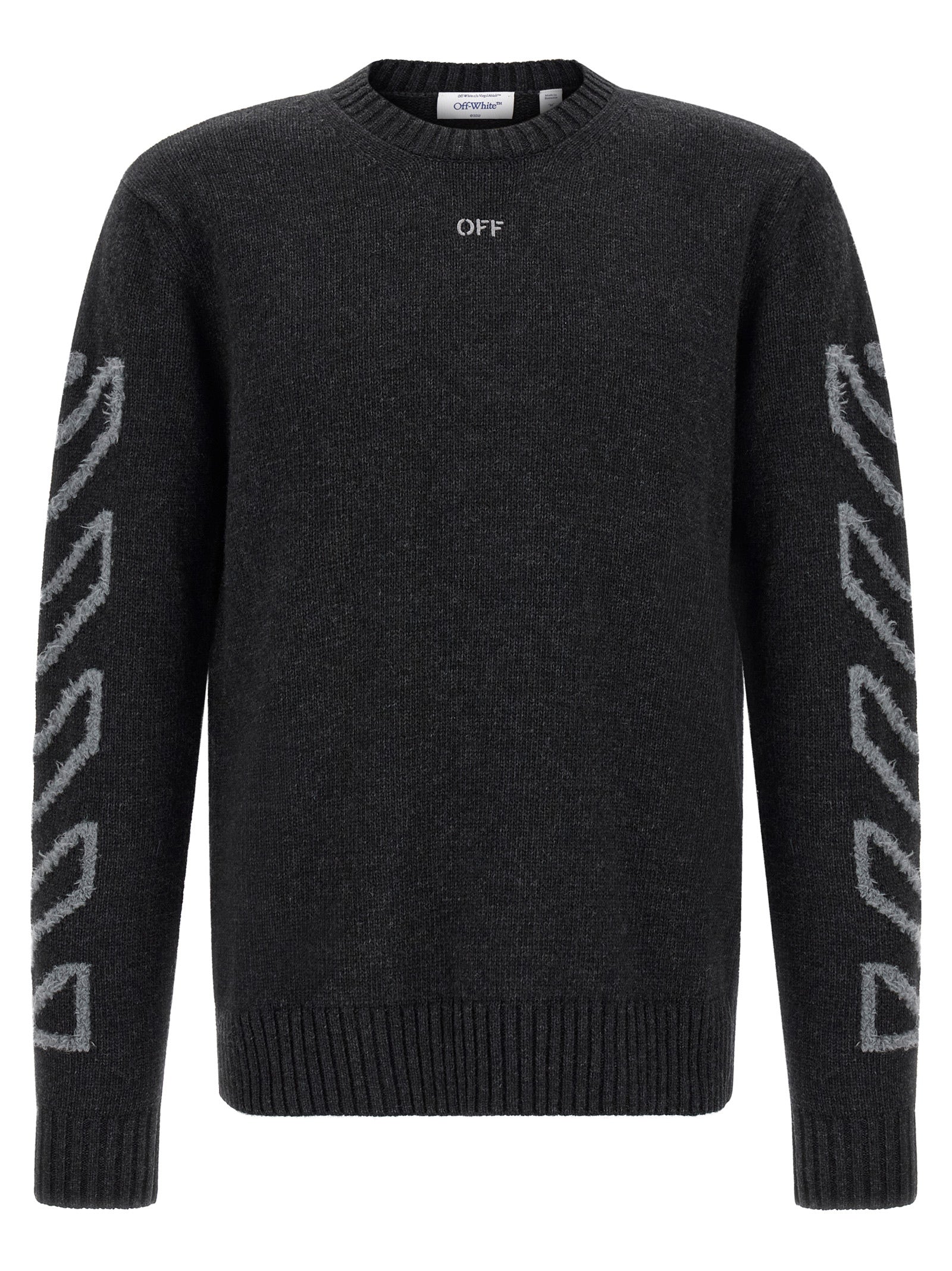Diagonal Arrow Fuzzy Wool Crew Neck Cardigan