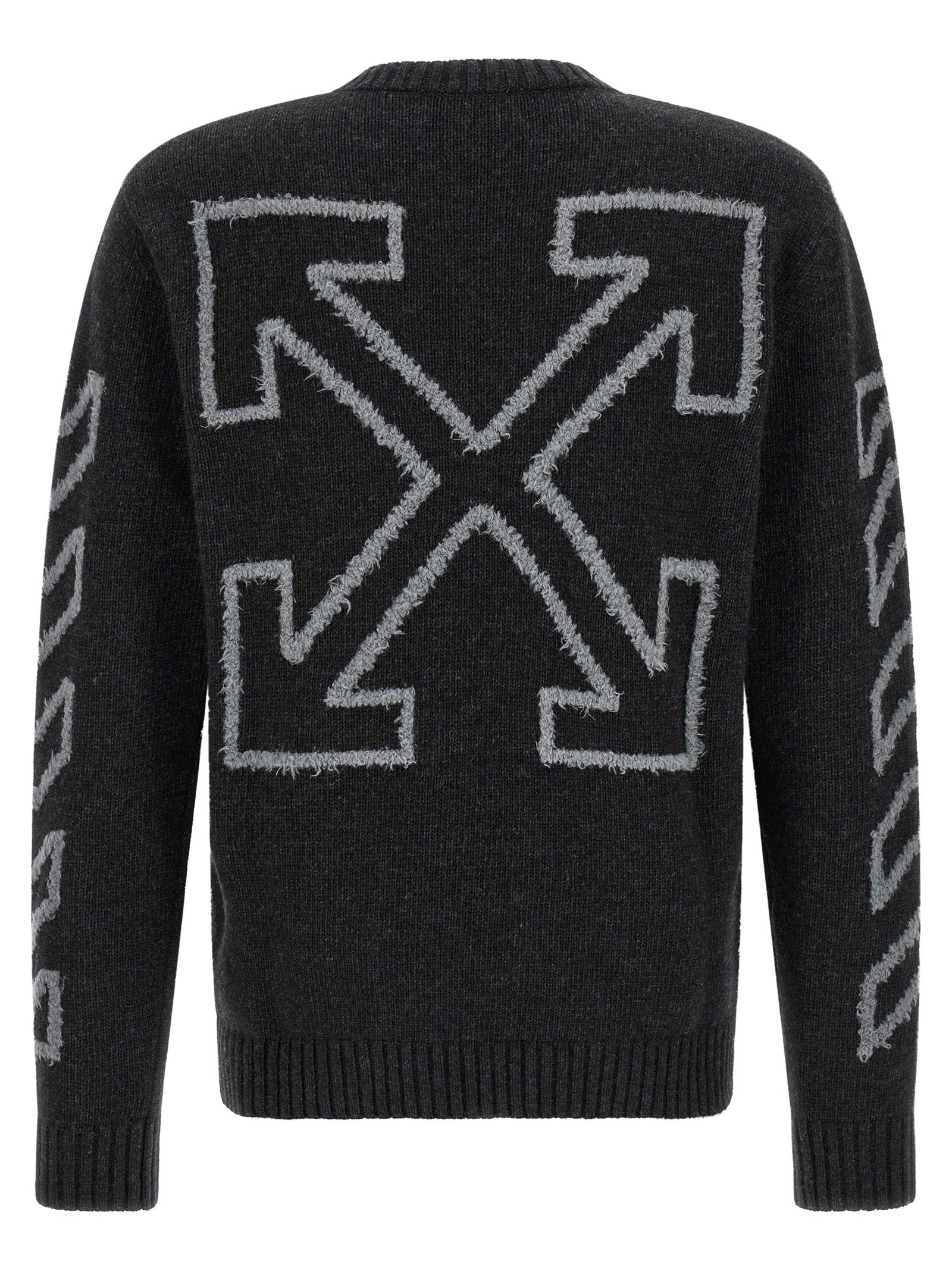 Diagonal Arrow Fuzzy Wool Crew Neck Cardigan