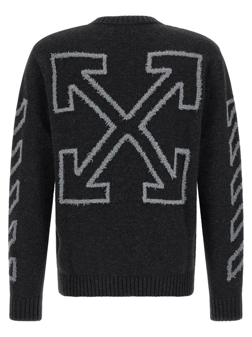 Diagonal Arrow Fuzzy Wool Crew Neck Cardigan