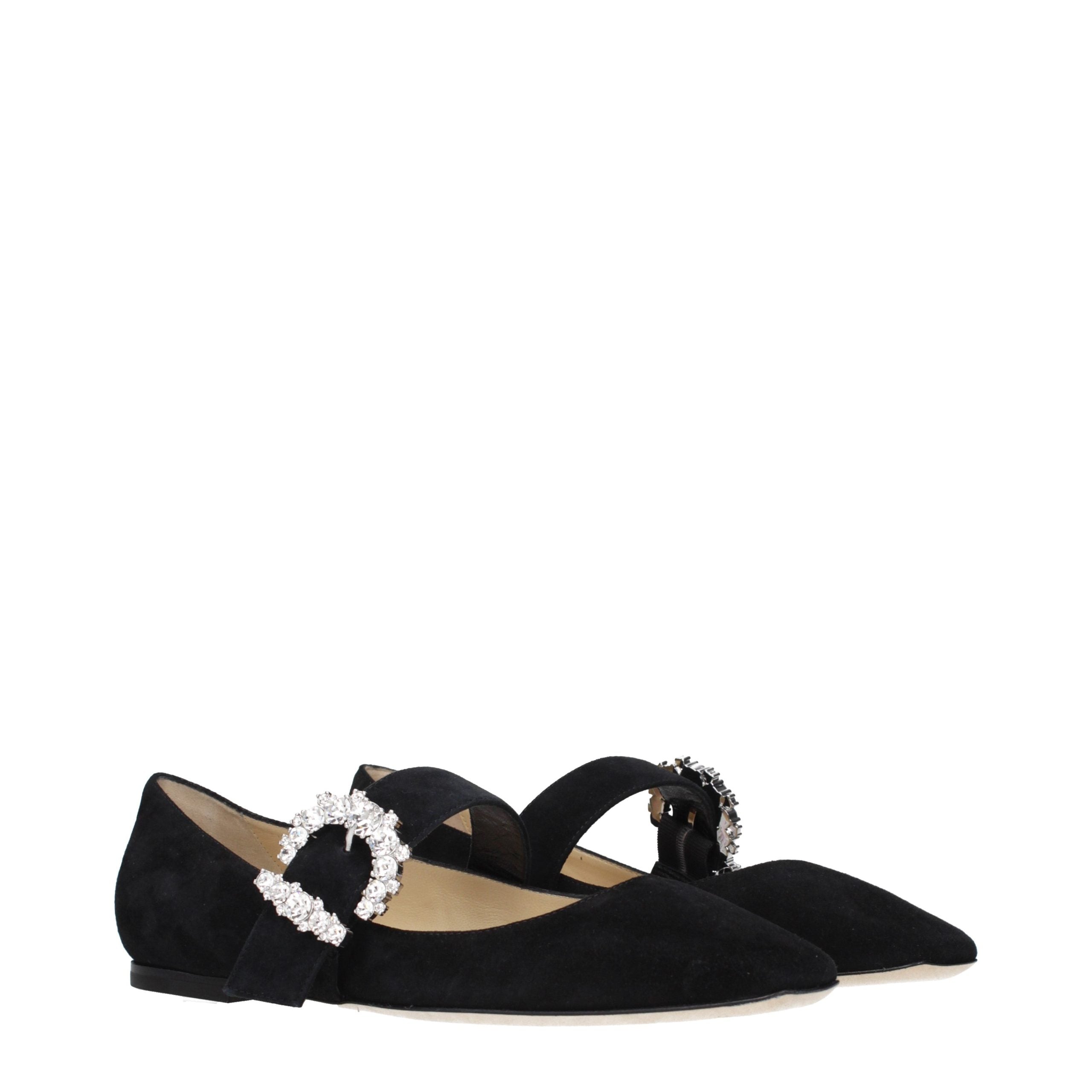 Black Suede Ballet Flats with Rhinestone Accents