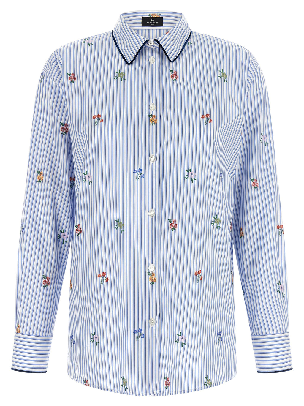 Blue Cotton Long Sleeve Shirt with Floral Embroidery