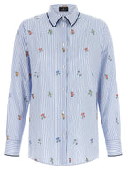 Blue Cotton Long Sleeve Shirt with Floral Embroidery