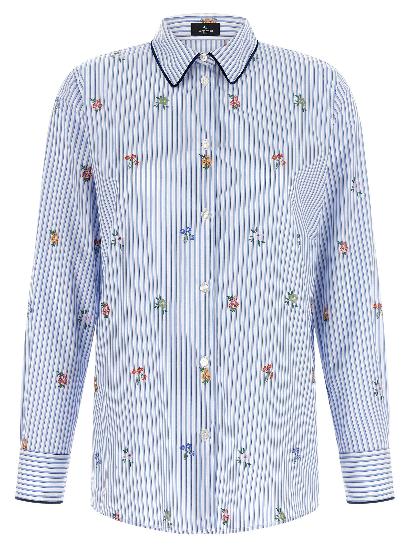 Blue Cotton Long Sleeve Shirt with Floral Embroidery