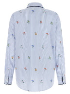 Blue Cotton Long Sleeve Shirt with Floral Embroidery