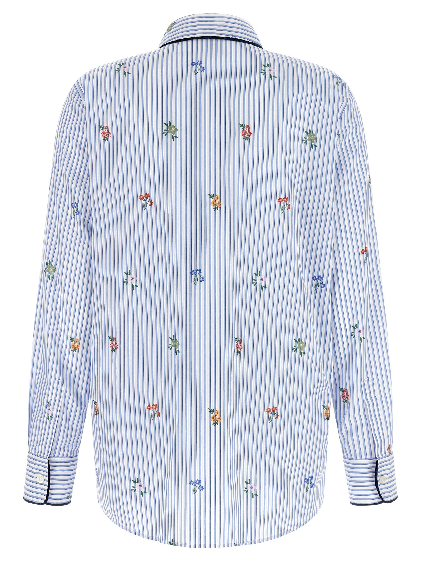 Blue Cotton Long Sleeve Shirt with Floral Embroidery