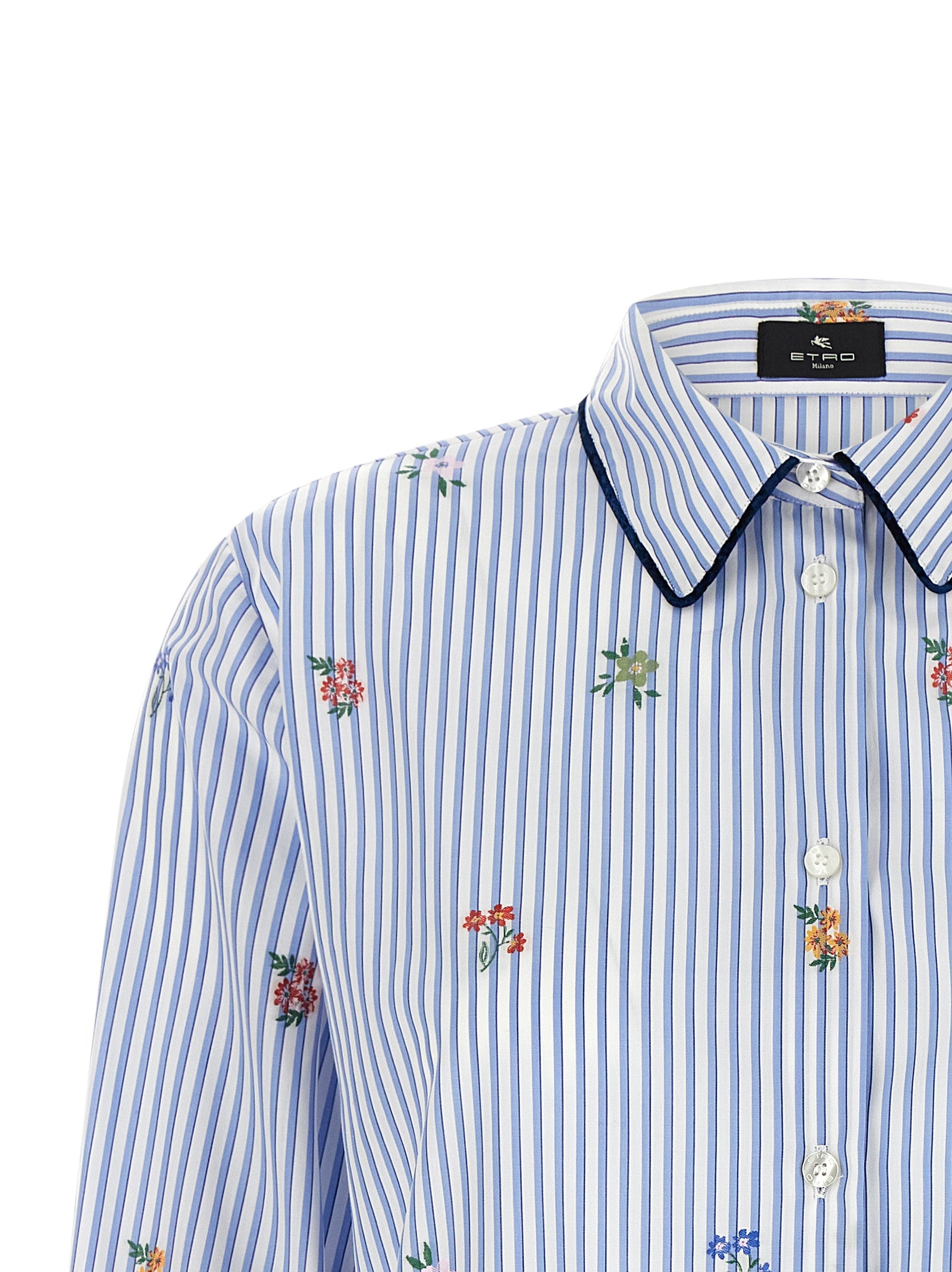 Blue Cotton Long Sleeve Shirt with Floral Embroidery