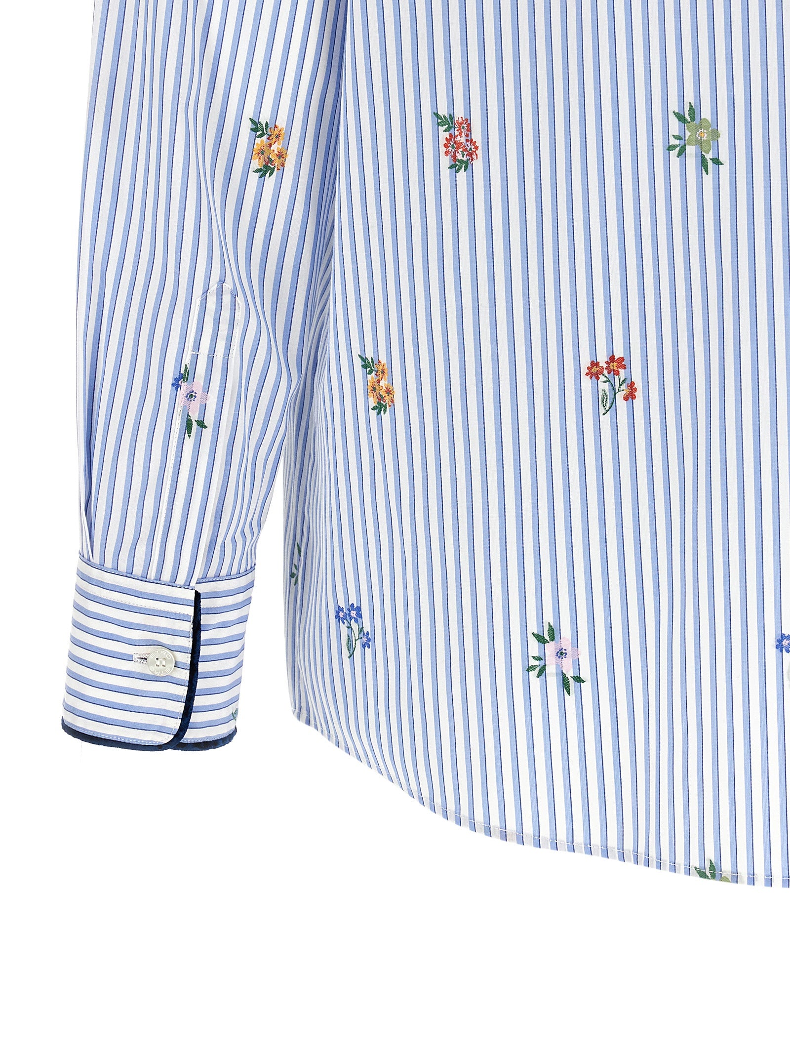 Blue Cotton Long Sleeve Shirt with Floral Embroidery