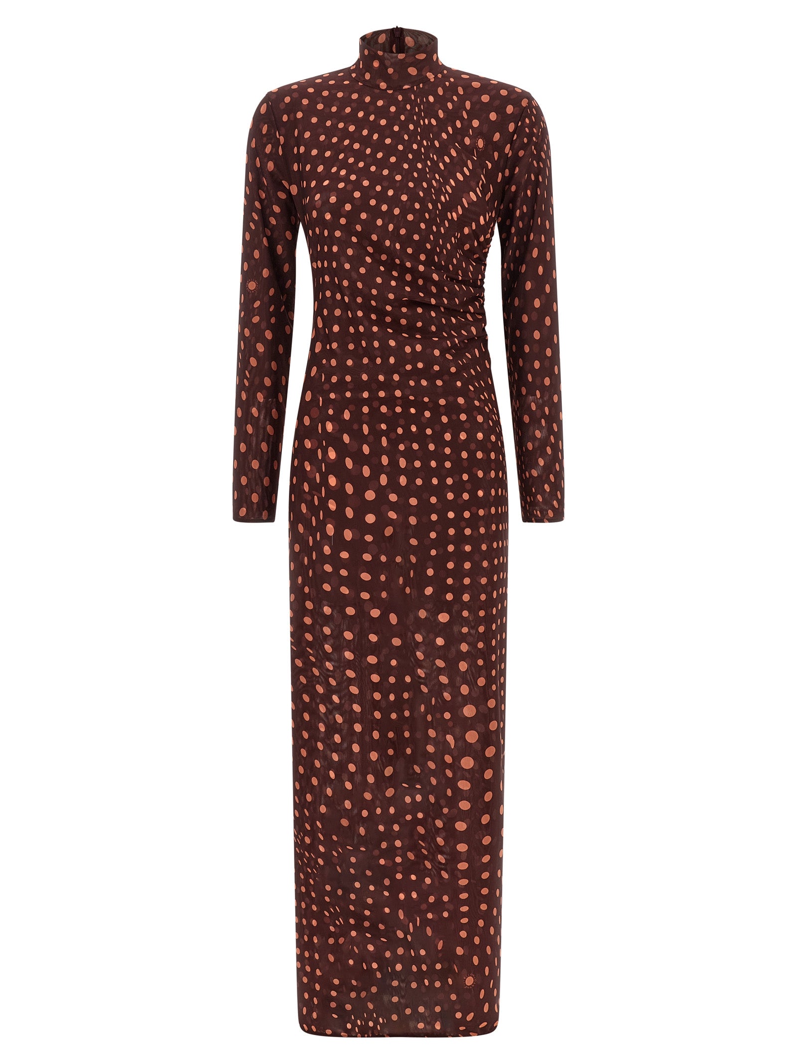 Burgundy Mesh Long Dress With Polka Dot Pattern