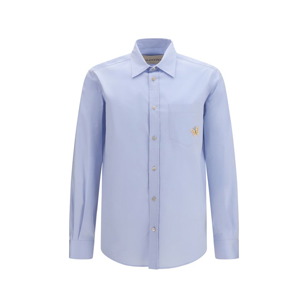 Blue Cotton Dress Shirt with Butterfly Embroidery