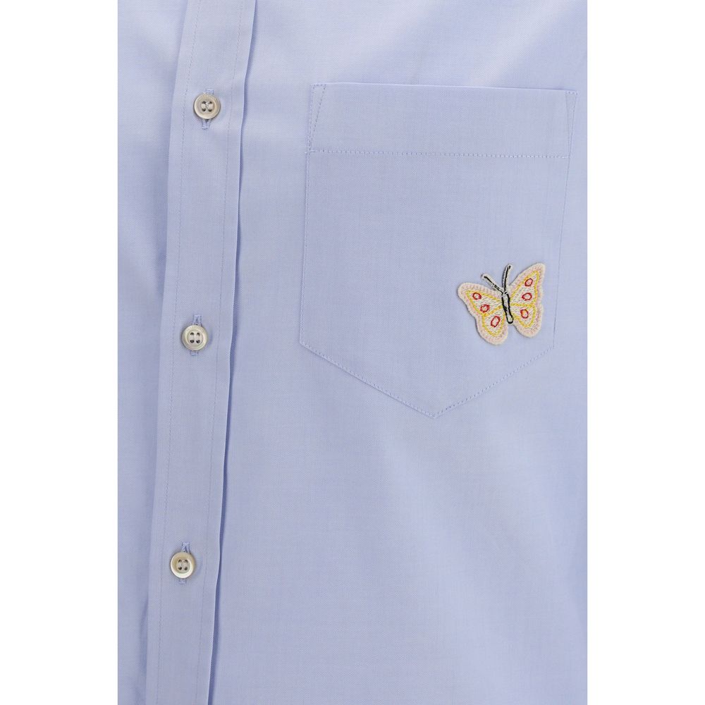 Blue Cotton Dress Shirt with Butterfly Embroidery