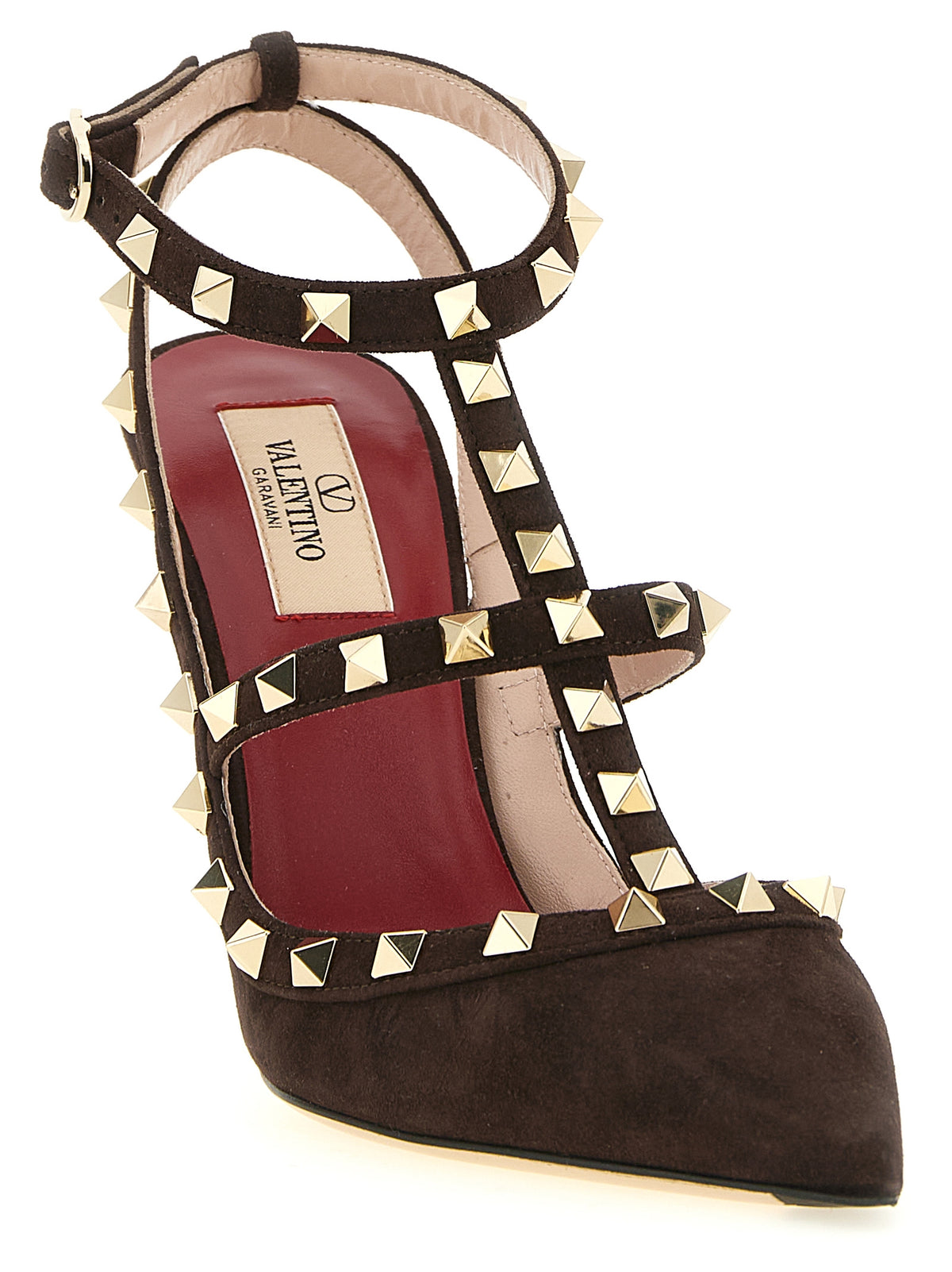 Brown Calfskin Suede Rockstud Pumps