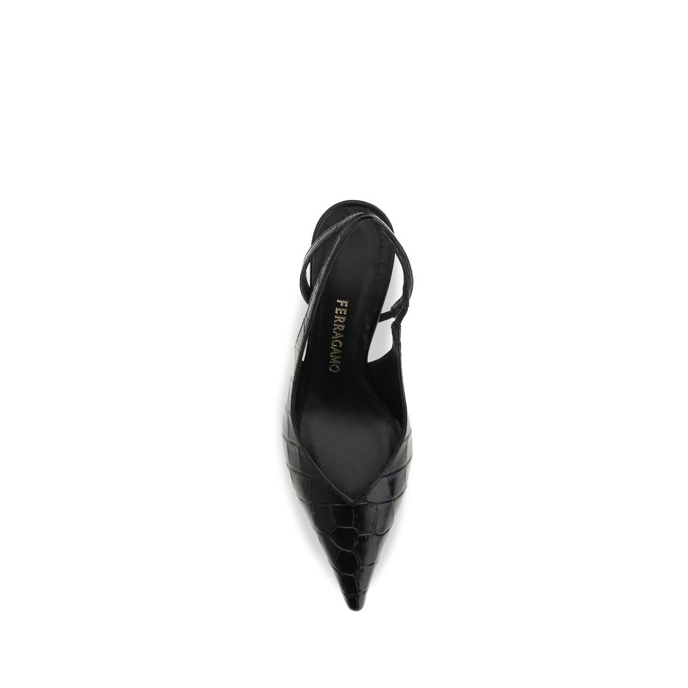 Crocodile‑Effect Leather Slingback Pumps