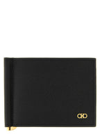 Black Hammered Calfskin Bi-Fold Wallet with Gold Gancini Detail