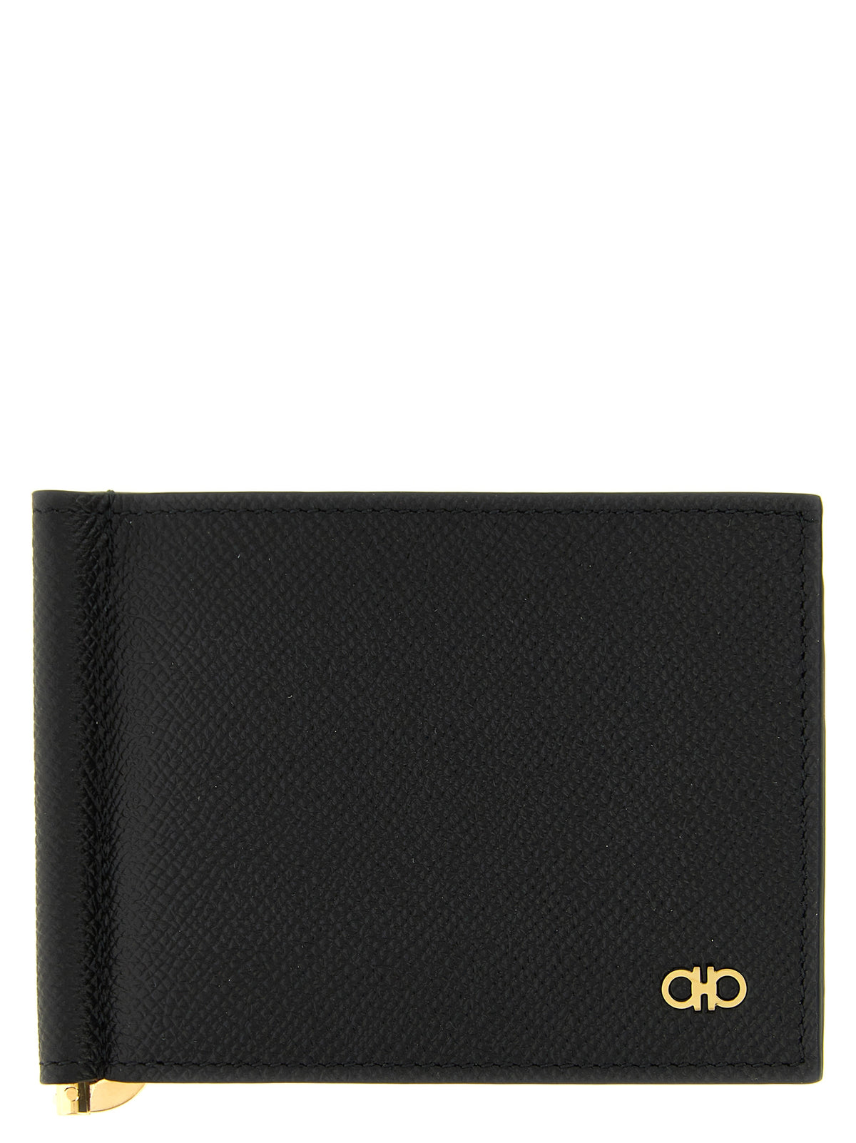 Black Hammered Calfskin Bi-Fold Wallet with Gold Gancini Detail