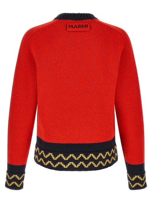 Red Wool M-Inlay Crew Neck Sweater