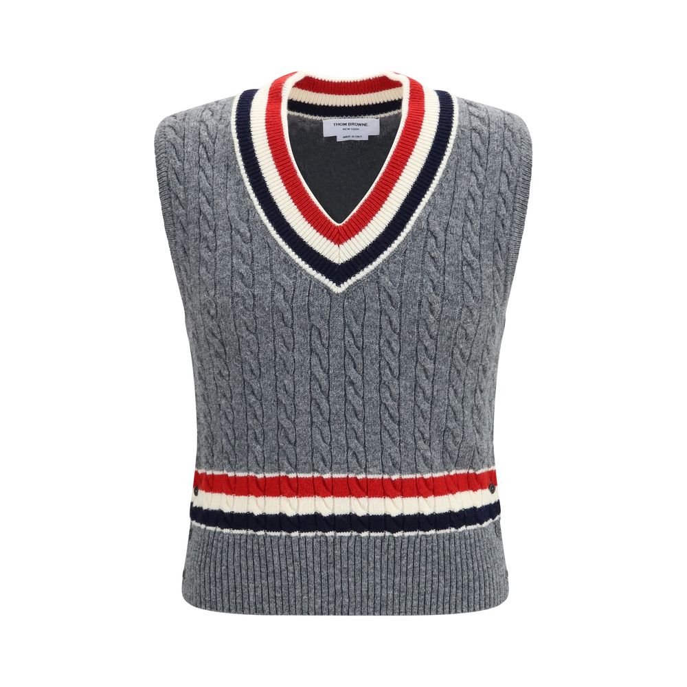 Gray Wool Cable-Knit V-Neck Vest