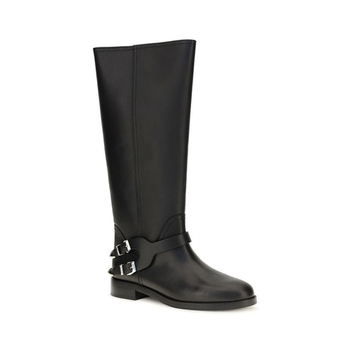 Black Calf Leather Flat Boots