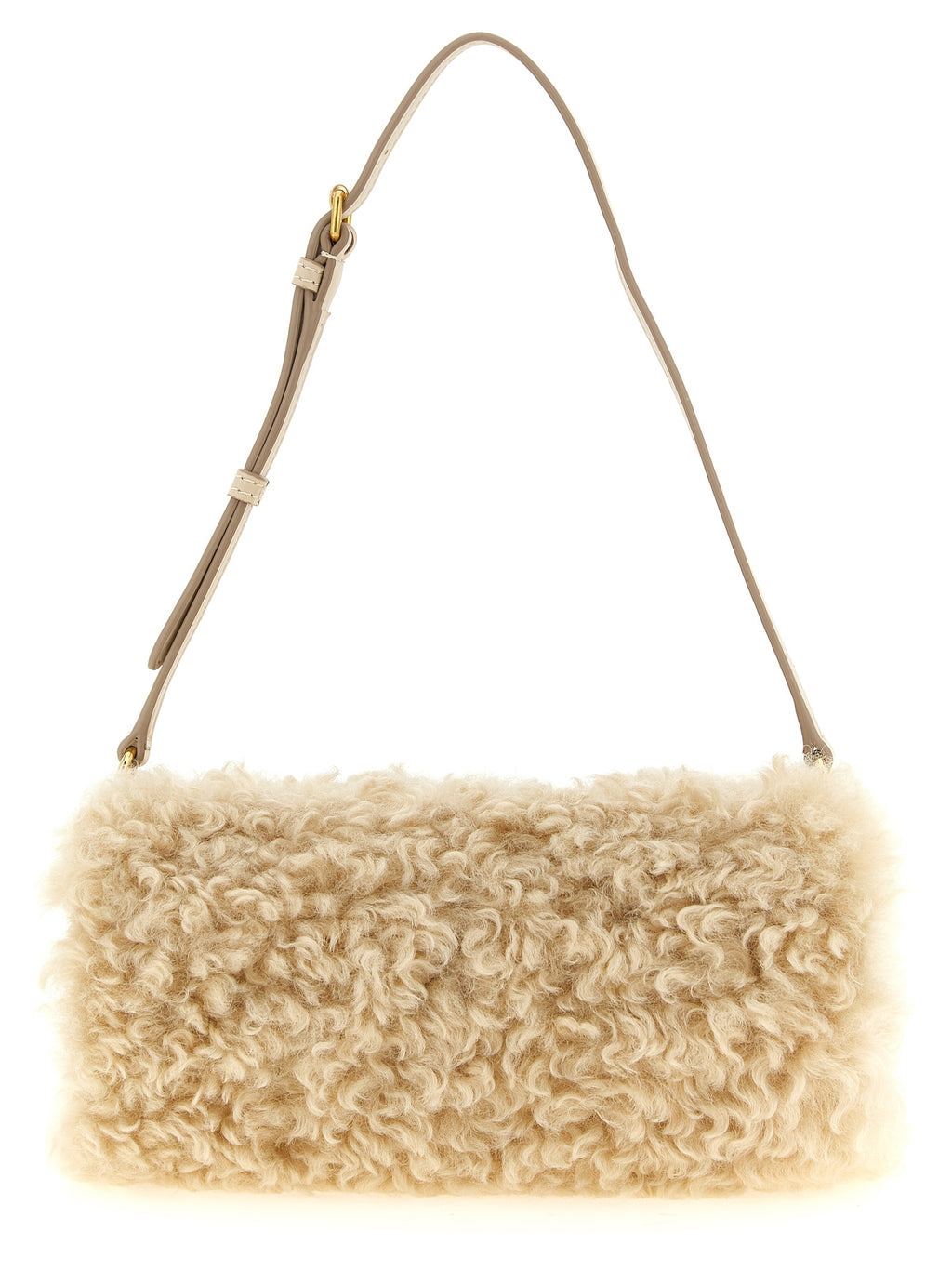 Beige Sheepskin‑Effect Polyester Clutch