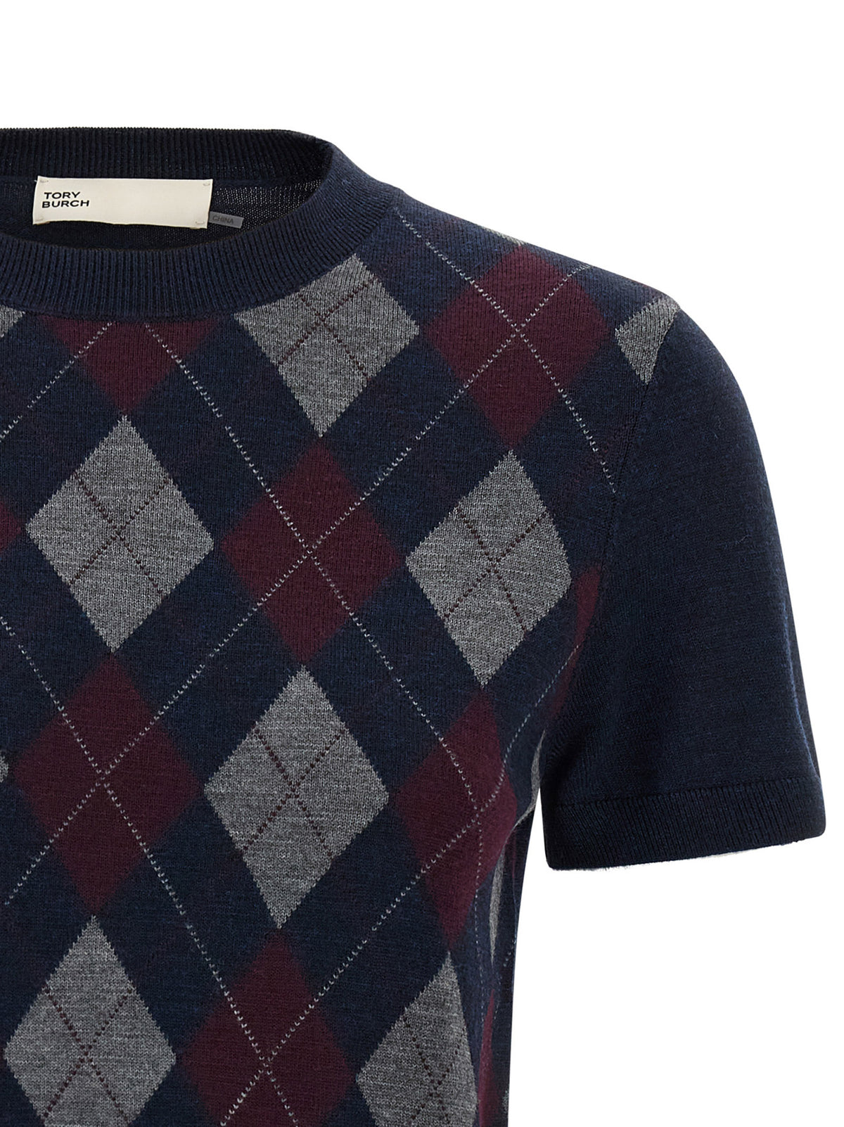 Merino Wool Argyle Short-Sleeved Cardigan