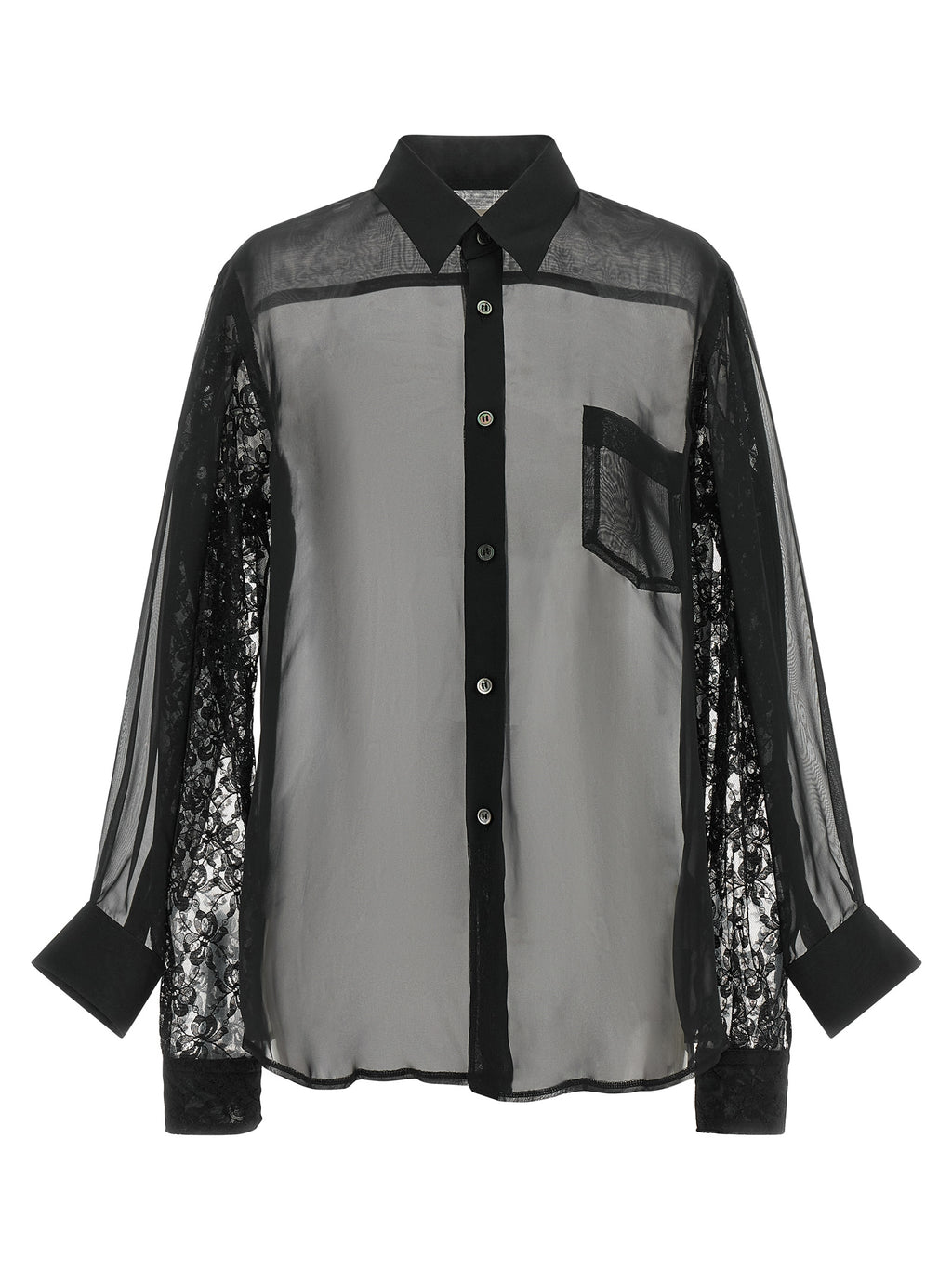 Black Semi-Transparent Polyester Blouse with Floral Lace