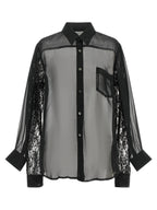 Black Semi-Transparent Polyester Blouse with Floral Lace