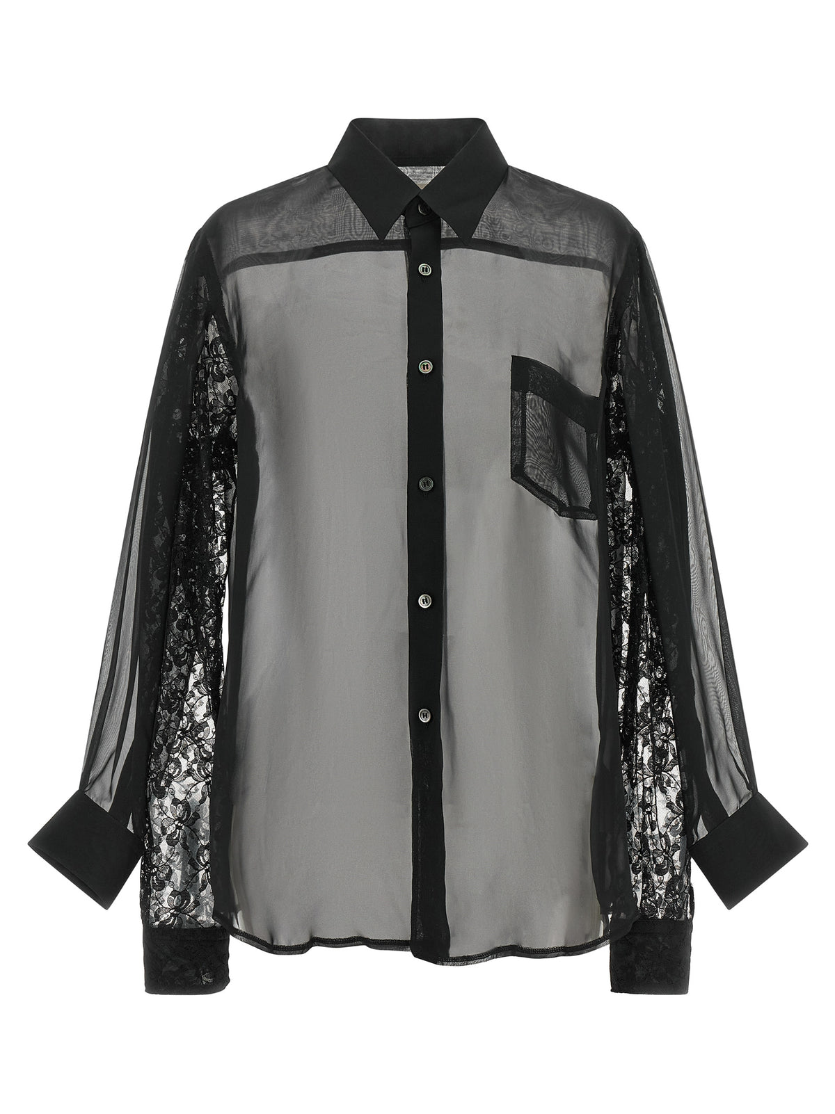 Black Semi-Transparent Polyester Blouse with Floral Lace