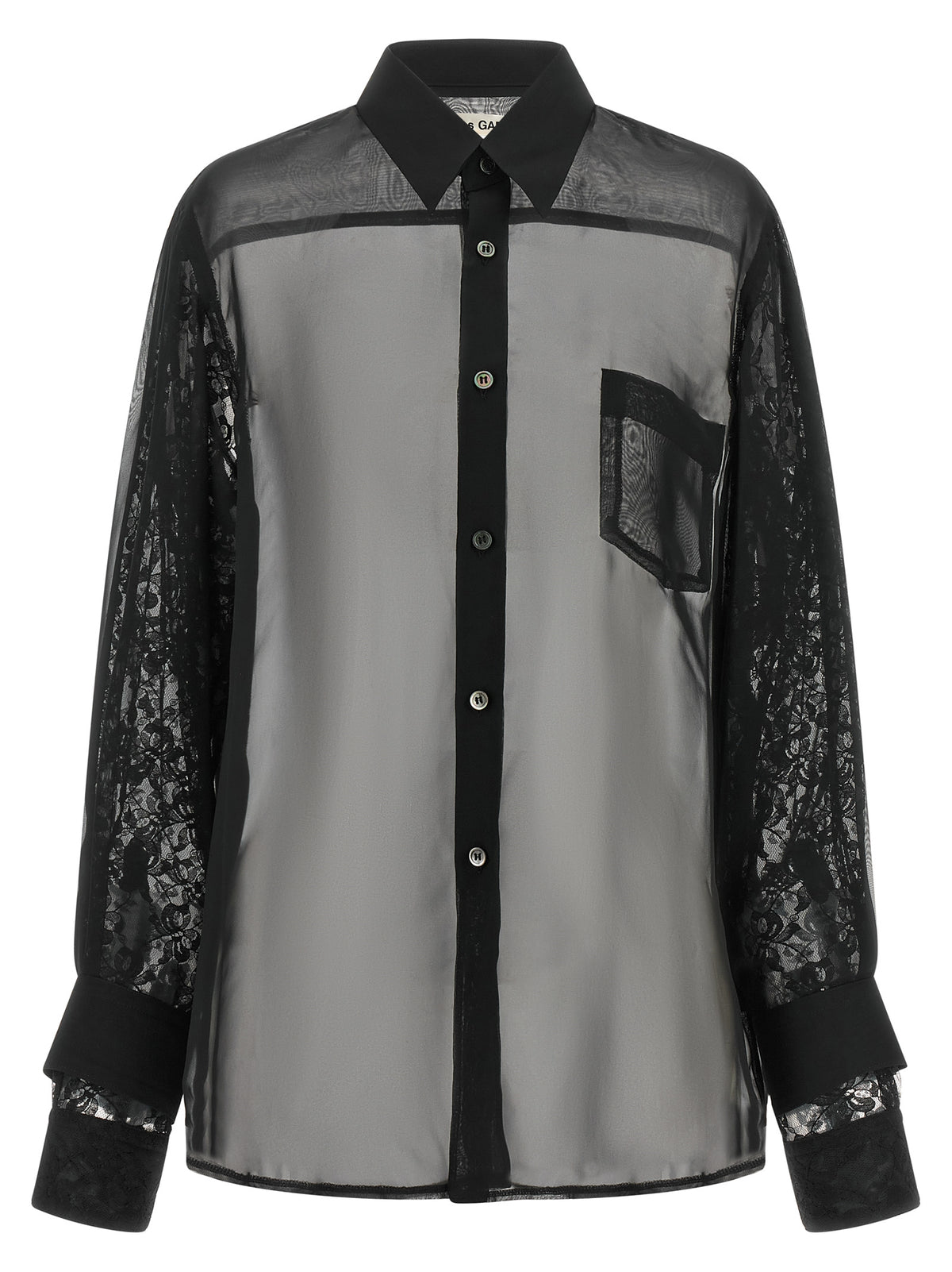 Black Semi-Transparent Polyester Blouse with Floral Lace