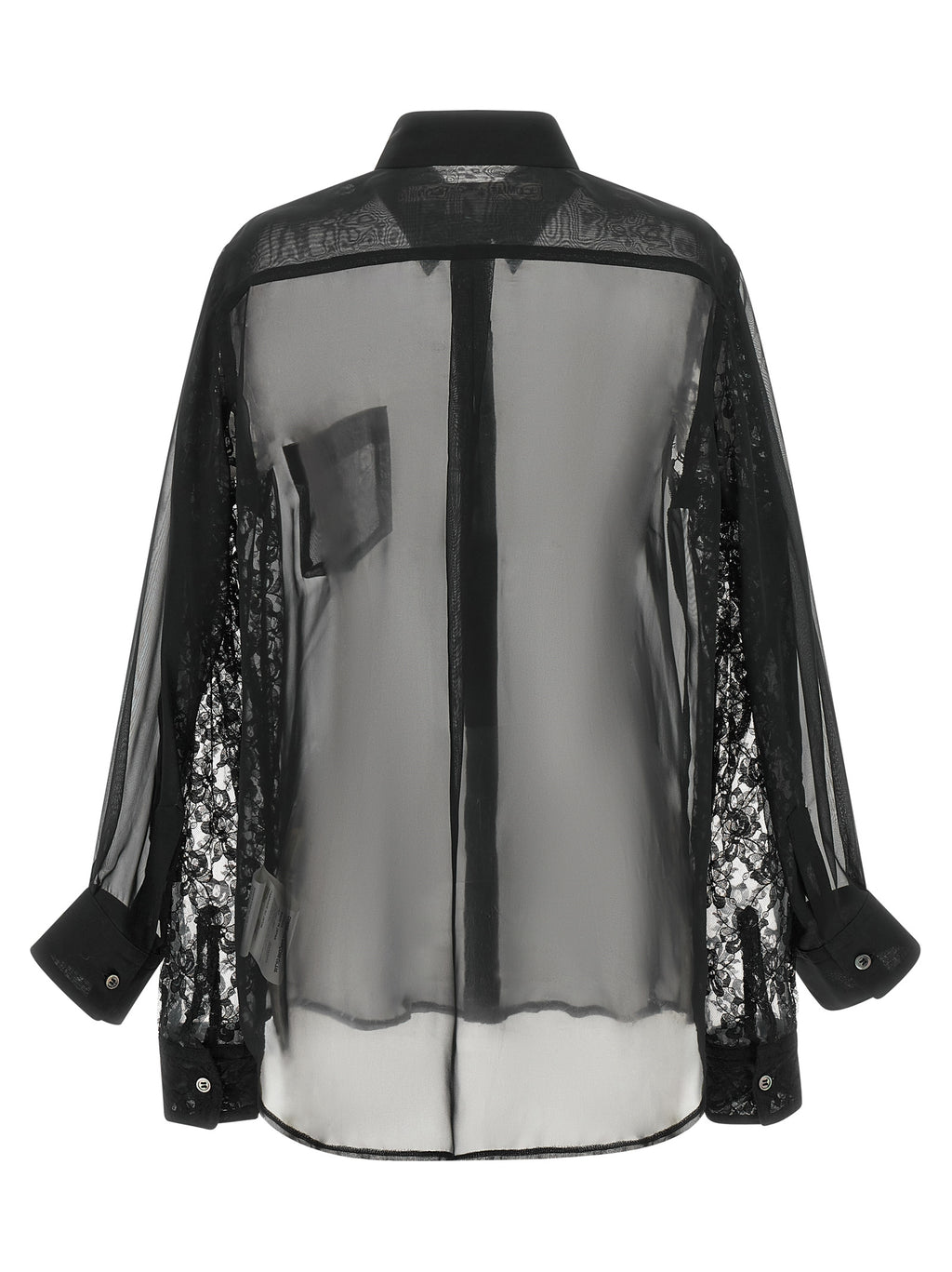 Black Semi-Transparent Polyester Blouse with Floral Lace