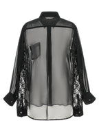 Black Semi-Transparent Polyester Blouse with Floral Lace