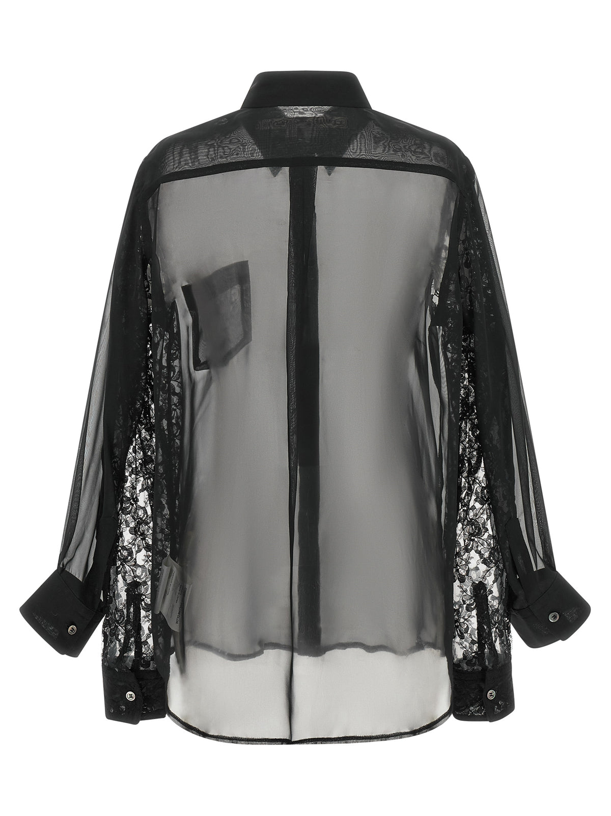 Black Semi-Transparent Polyester Blouse with Floral Lace