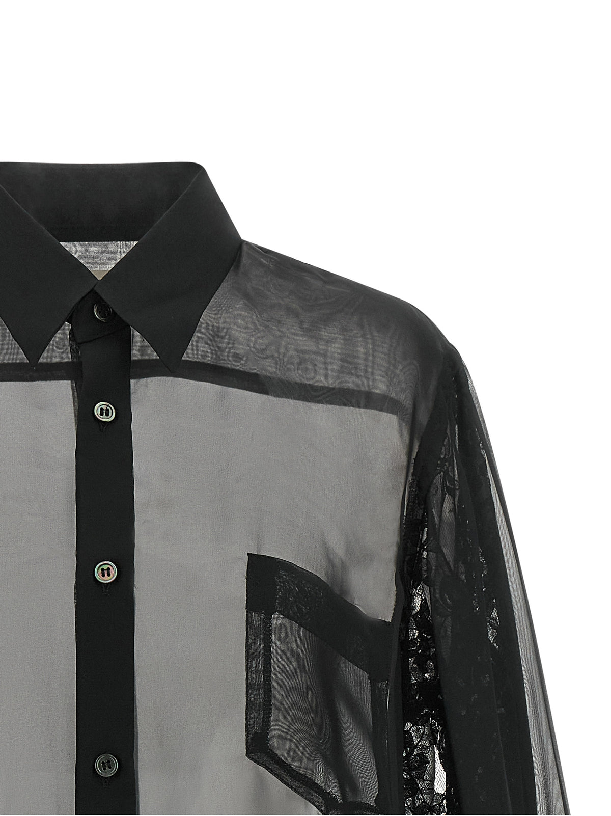 Black Semi-Transparent Polyester Blouse with Floral Lace