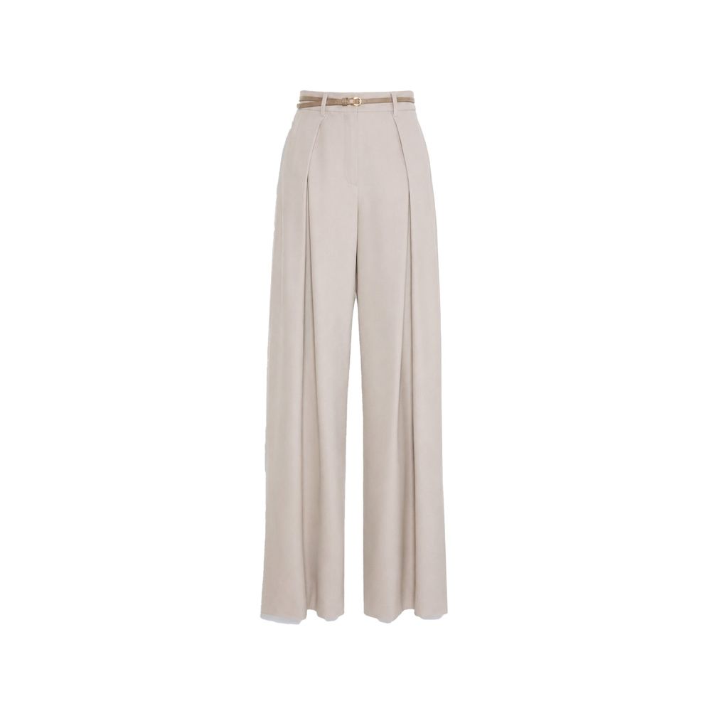 Beige Stretch Wool Twill Wide-Leg Trousers
