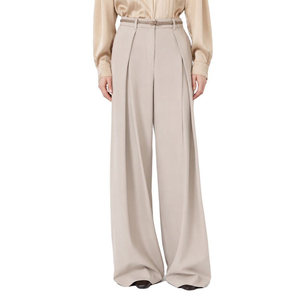 Beige Stretch Wool Twill Wide-Leg Trousers
