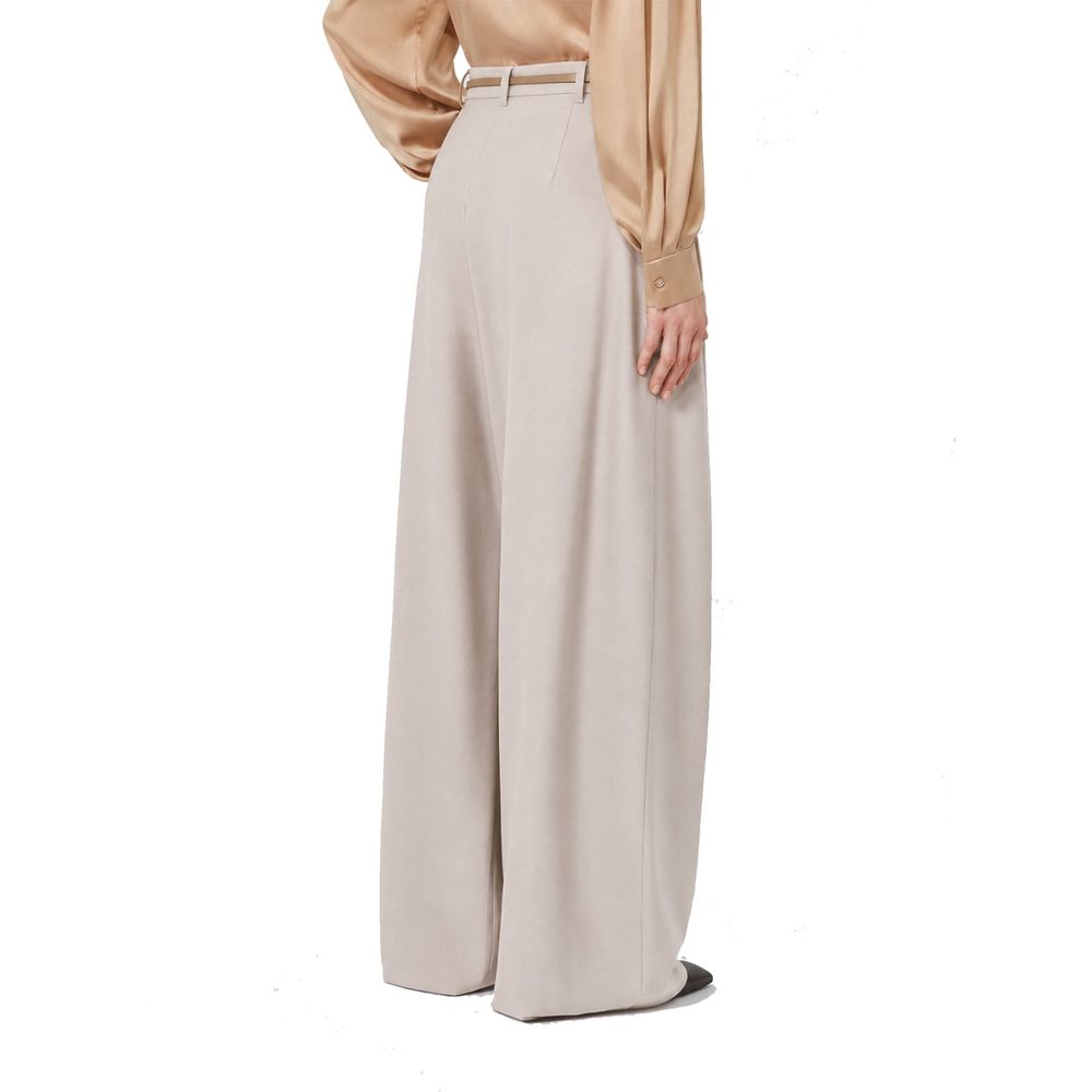 Beige Stretch Wool Twill Wide-Leg Trousers