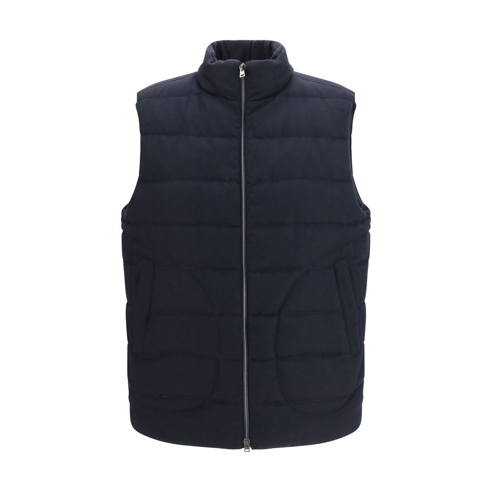 Blue Merino Wool Flannel-Effect Quilted Sleeveless Jacket