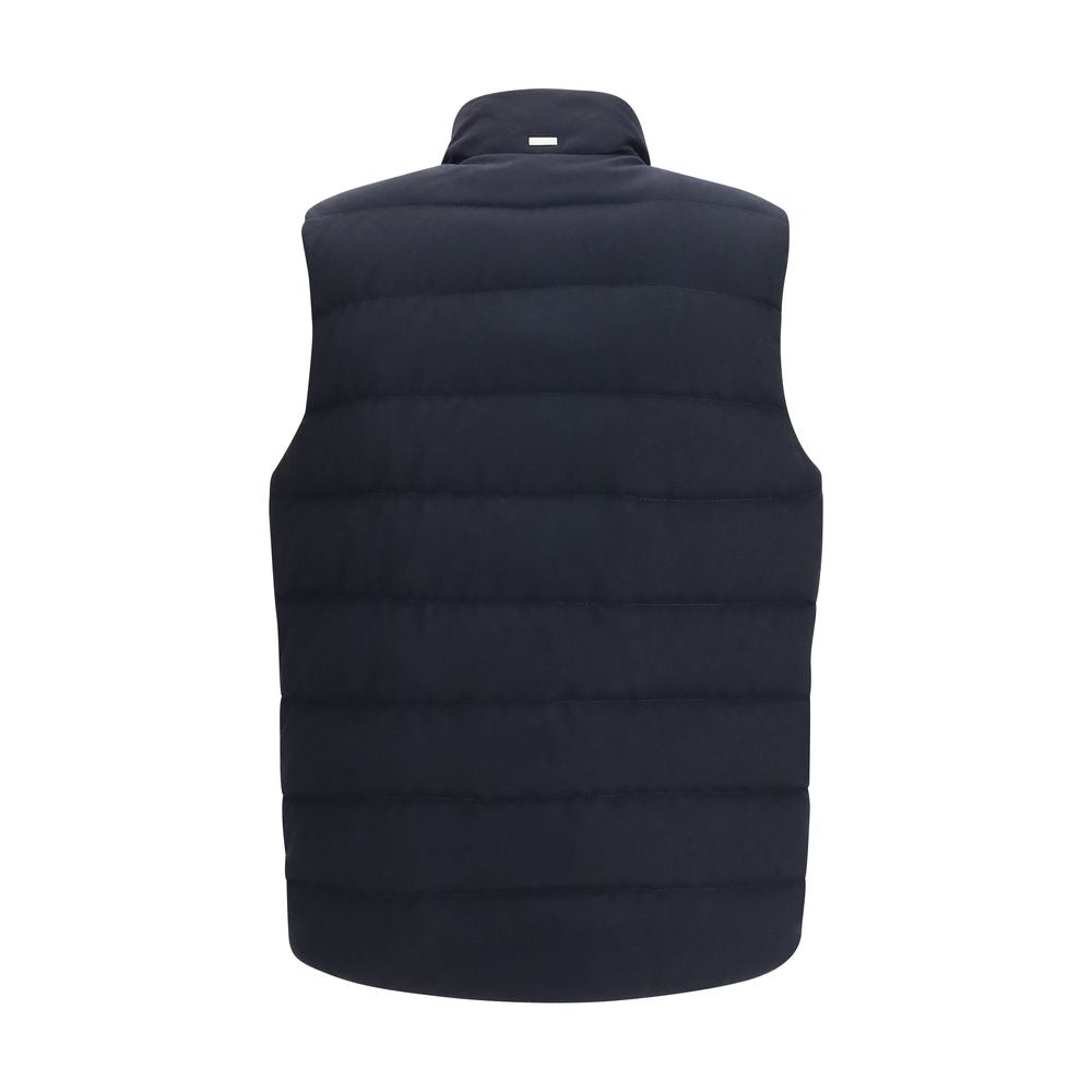 Blue Merino Wool Flannel-Effect Quilted Sleeveless Jacket