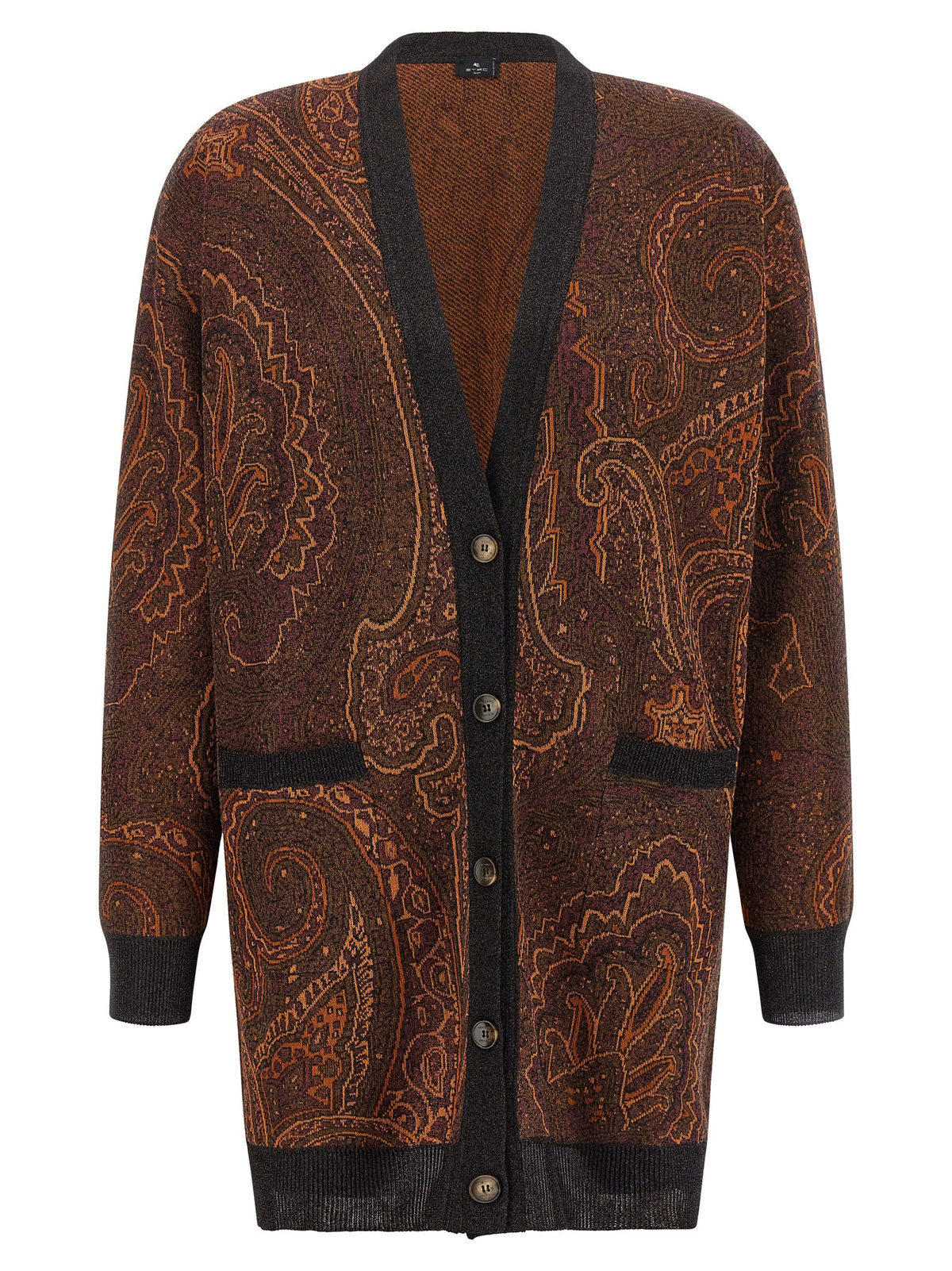 Brown Viscose Long Paisley Cardigan