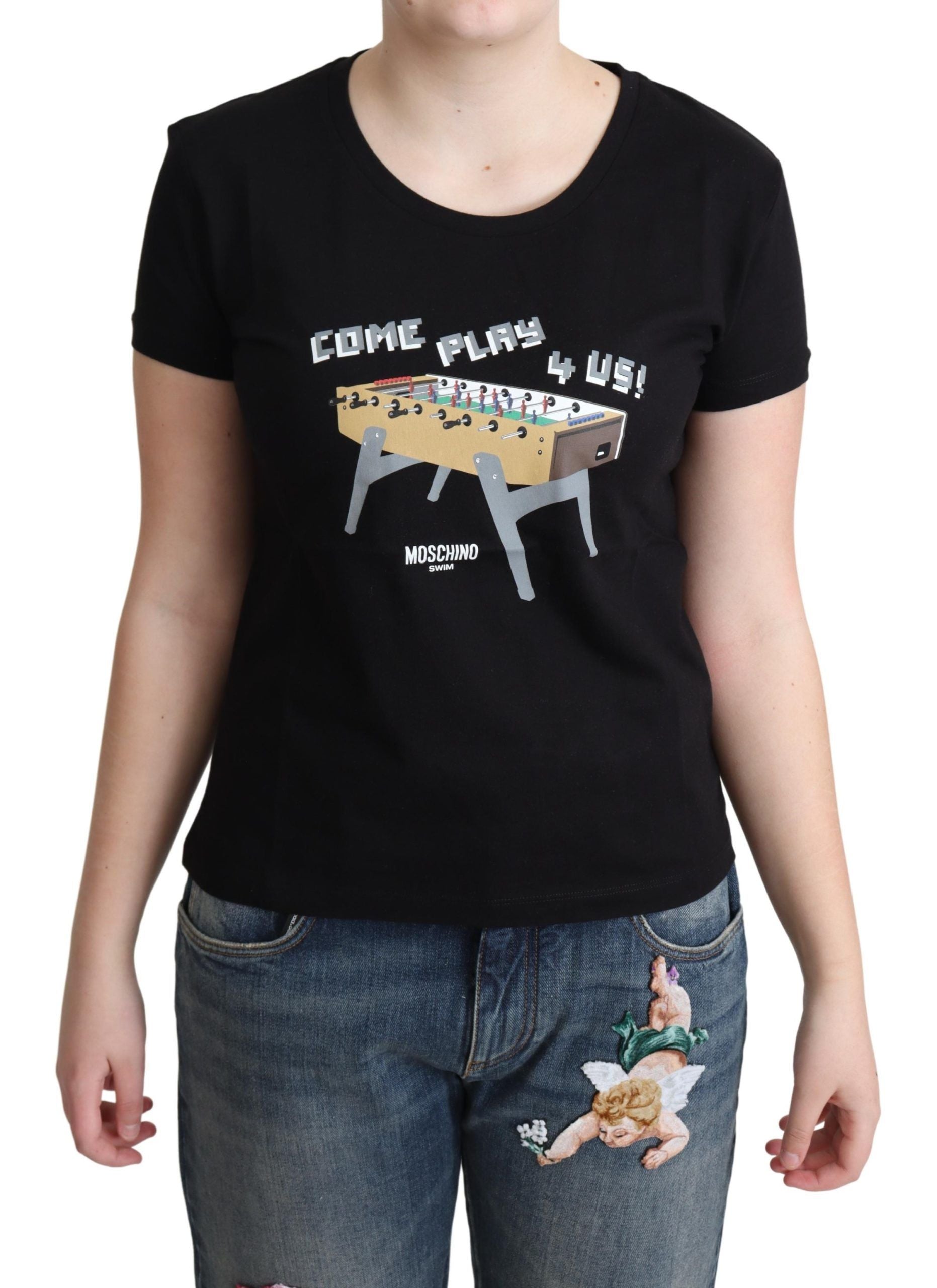 Black Cotton "Come Play 4 Us" Print T-shirt