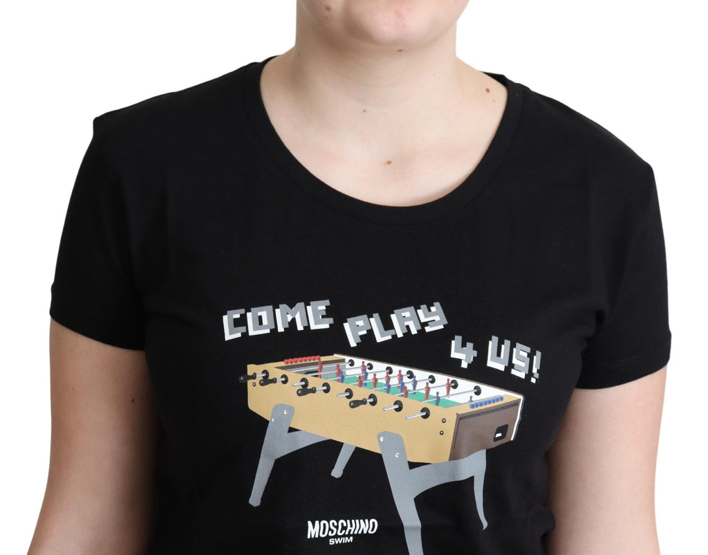 Black Cotton "Come Play 4 Us" Print T-shirt